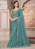Monjolika Fashion Aqua Blue Embroidered Georgette Silk Party Wear Contemporary Saree | Grocsy