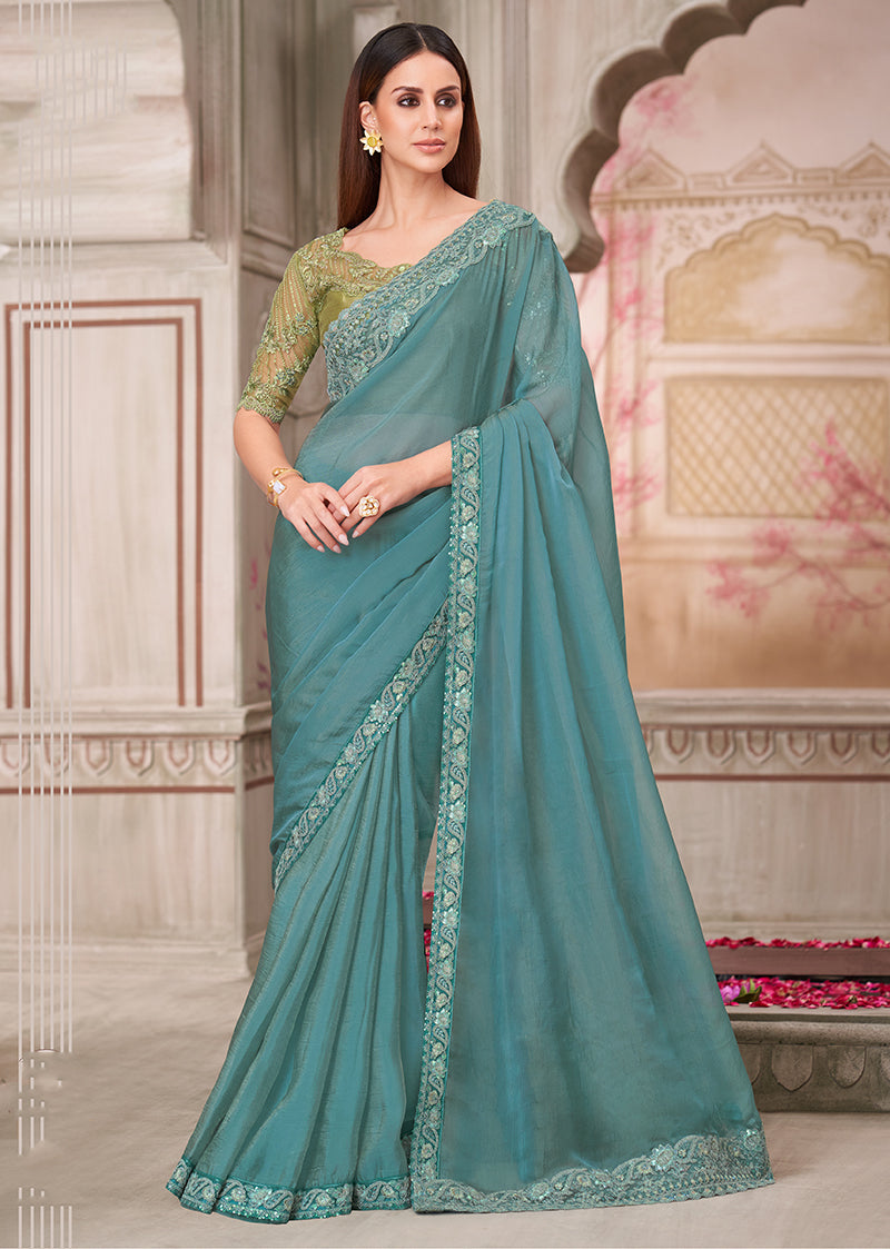 Monjolika Fashion Aqua Blue Embroidered Georgette Silk Party Wear Contemporary Saree | Grocsy