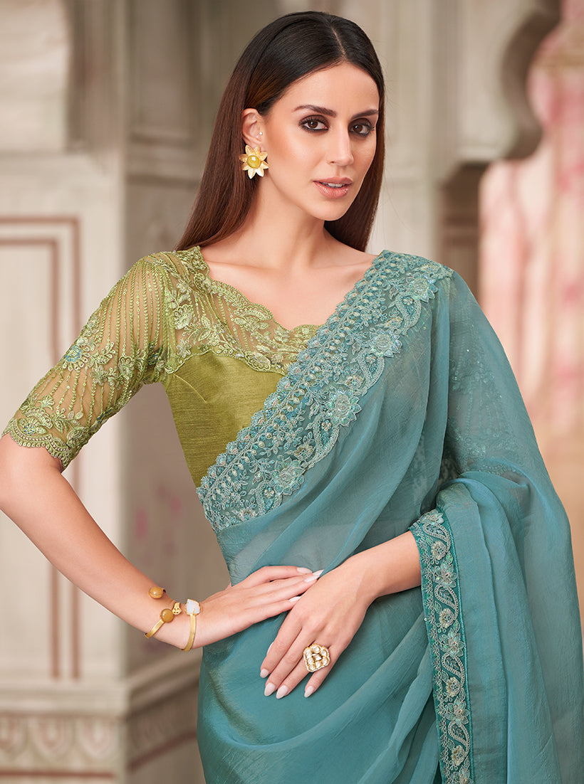 Monjolika Fashion Aqua Blue Embroidered Georgette Silk Party Wear Contemporary Saree | Grocsy