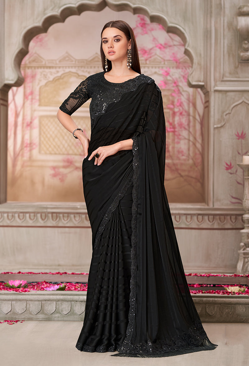 Monjolika Fashion Black Sequins Georgette Engagement Trendy Saree | Grocsy