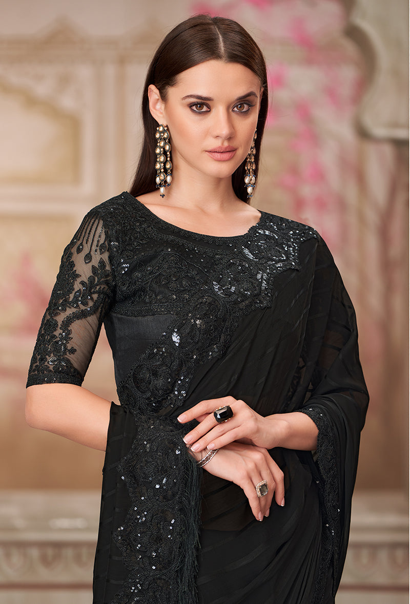 Monjolika Fashion Black Sequins Georgette Engagement Trendy Saree | Grocsy