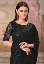 Monjolika Fashion Black Sequins Georgette Engagement Trendy Saree | Grocsy