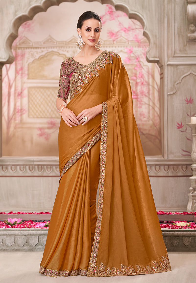 Monjolika Fashion Rust Embroidered Sequins Chiffon Silk Designer Saree | Grocsy