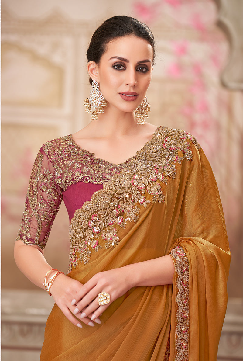 Monjolika Fashion Rust Embroidered Sequins Chiffon Silk Designer Saree | Grocsy