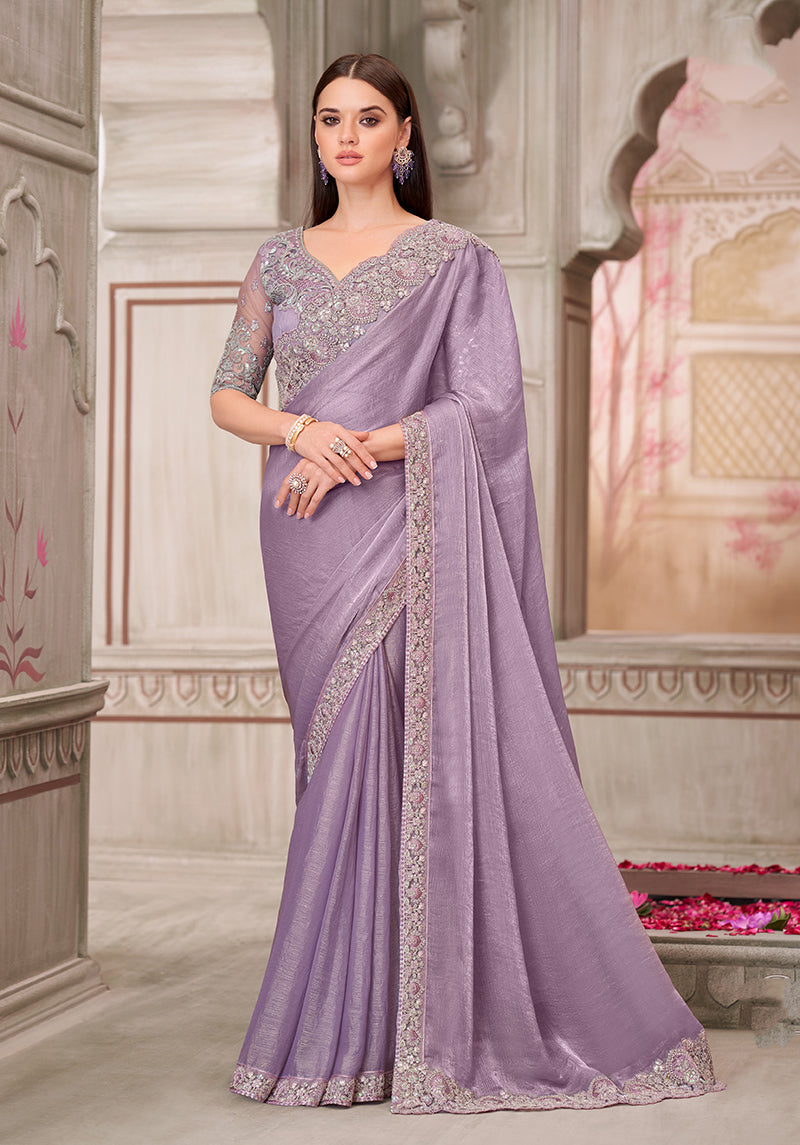 Monjolika Fashion Lavender Embroidered Chiffon Silk Engagement Classic Saree | Grocsy