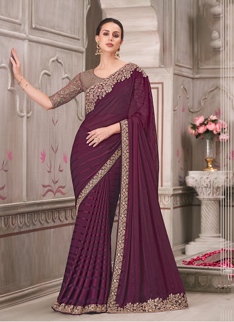 Monjolika Fashion Wine Georgette Silk Embroidered Sequins Contemporary Saree | Grocsy
