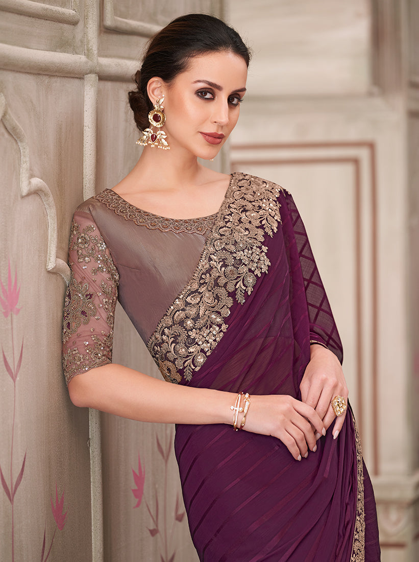 Monjolika Fashion Wine Georgette Silk Embroidered Sequins Contemporary Saree | Grocsy