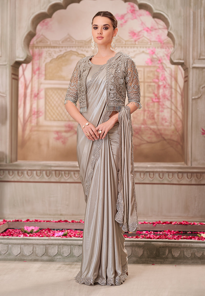 Monjolika Fashion Silver Shimmer Satin Silk Sequins Engagement Designer Saree | Grocsy