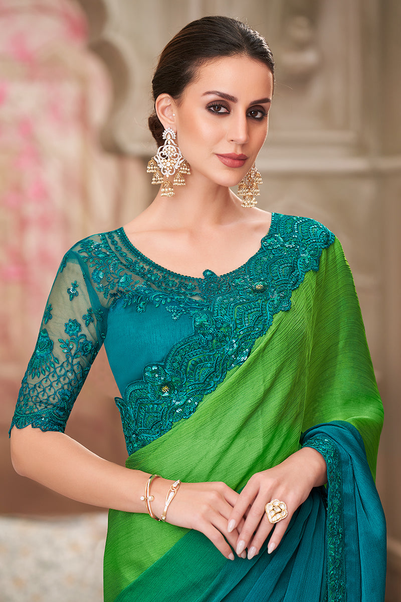 Monjolika Fashion Multi Colour Shaded Satin Chiffon Sequins Traditional Saree | Grocsy