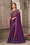 Monjolika Fashion Purple Satin Georgette Embroidered And Stone Work Trendy Saree | Grocsy