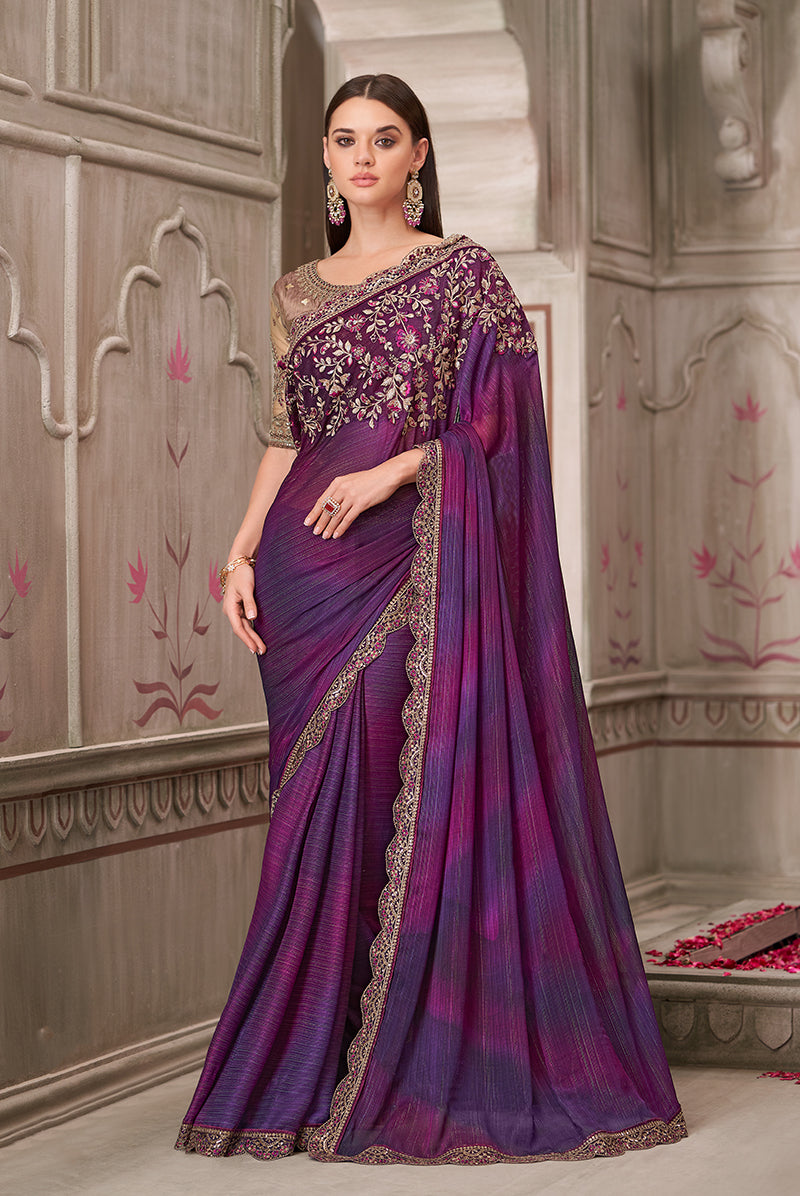 Monjolika Fashion Purple Satin Georgette Embroidered And Stone Work Trendy Saree | Grocsy