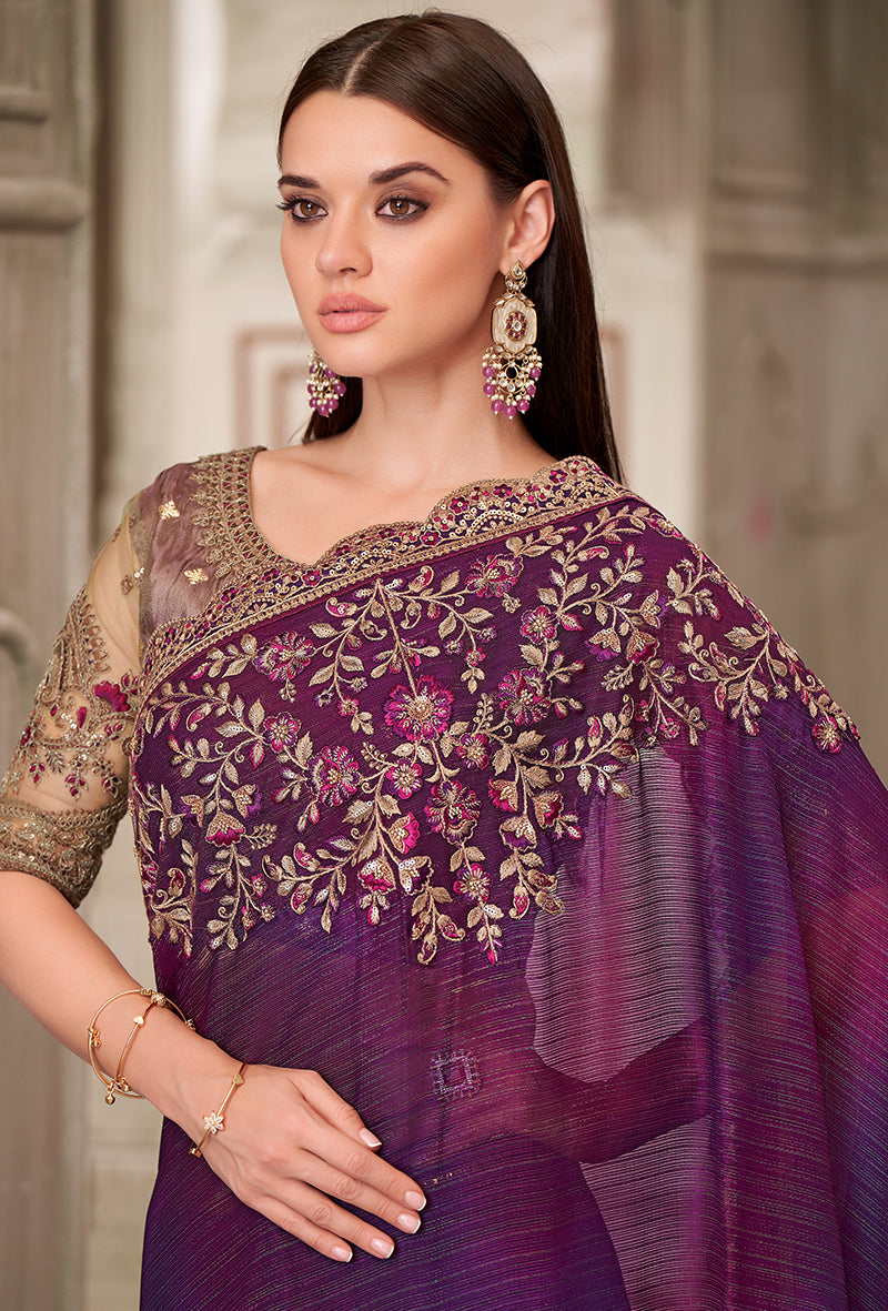 Monjolika Fashion Purple Satin Georgette Embroidered And Stone Work Trendy Saree | Grocsy
