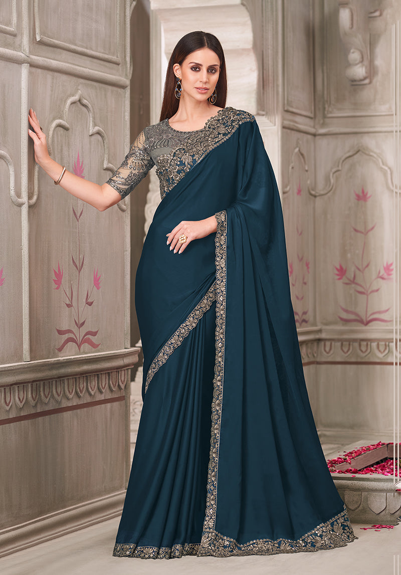 Monjolika Fashion Teal Satin Georgette Silk Embroidered Sequins Classic Saree | Grocsy