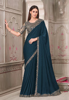 Monjolika Fashion Teal Satin Georgette Silk Embroidered Sequins Classic Saree | Grocsy