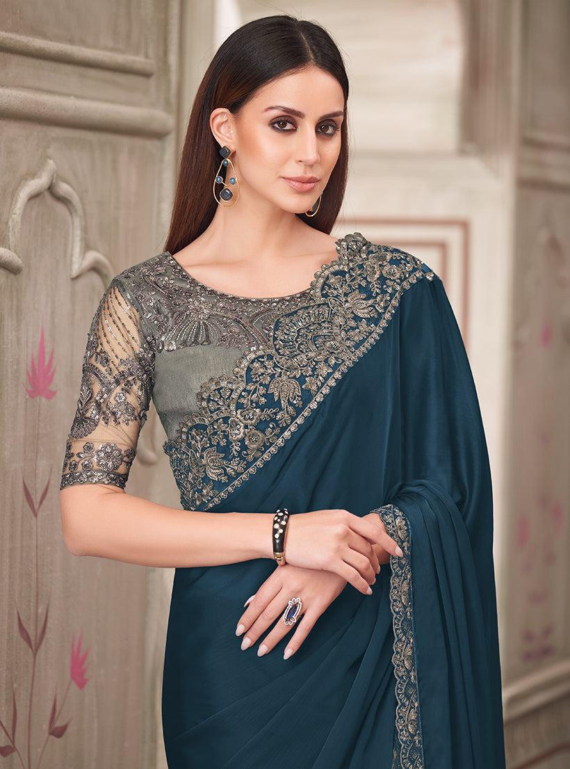 Monjolika Fashion Teal Satin Georgette Silk Embroidered Sequins Classic Saree | Grocsy