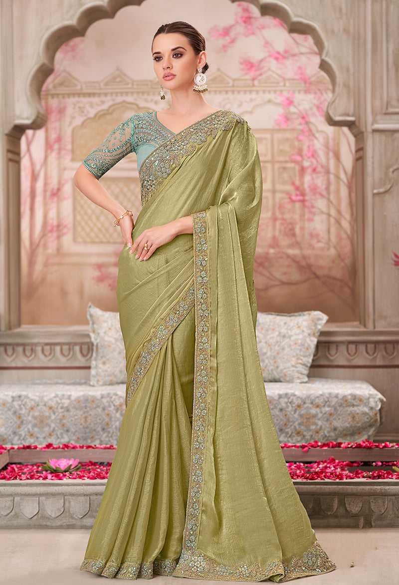 Monjolika Fashion Olive Chiffon Silk Embroidered Contemporary Saree | Grocsy