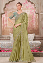 Monjolika Fashion Olive Chiffon Silk Embroidered Contemporary Saree | Grocsy