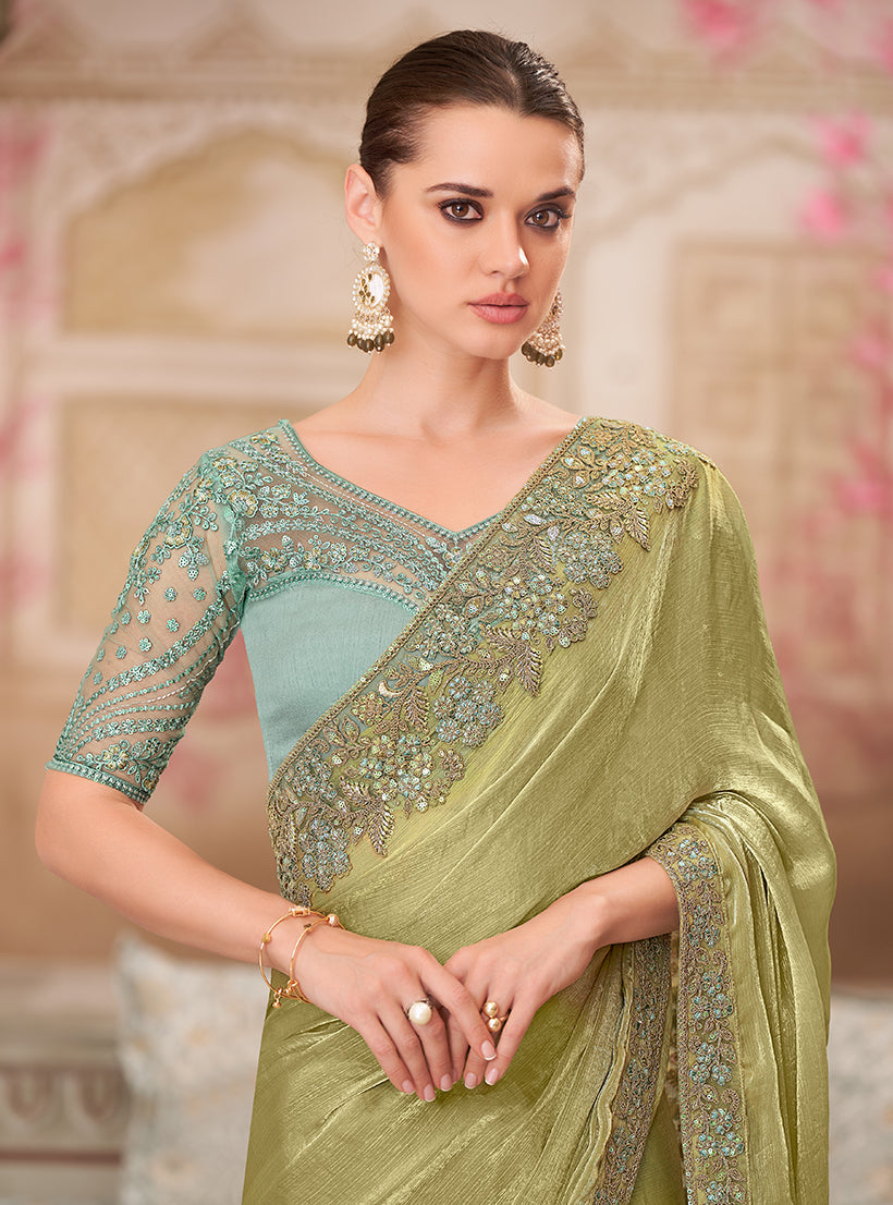 Monjolika Fashion Olive Chiffon Silk Embroidered Contemporary Saree | Grocsy