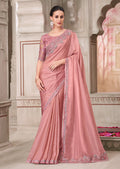 Monjolika Fashion Pink Georgette Satin Embroidered Trendy Saree | Grocsy