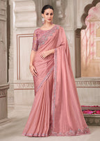 Monjolika Fashion Pink Georgette Satin Embroidered Trendy Saree | Grocsy
