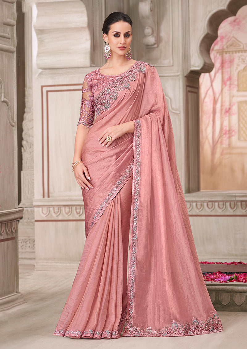 Monjolika Fashion Pink Georgette Satin Embroidered Trendy Saree | Grocsy