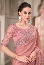 Monjolika Fashion Pink Georgette Satin Embroidered Trendy Saree | Grocsy
