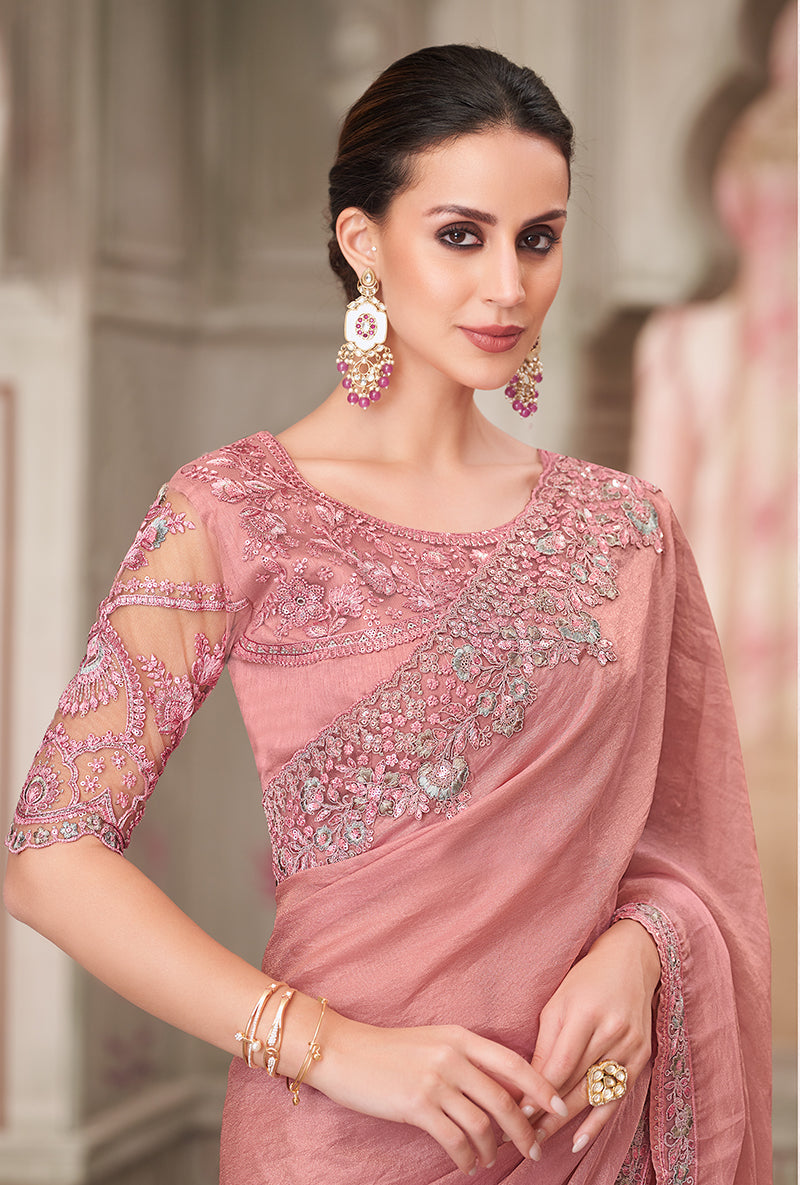 Monjolika Fashion Pink Georgette Satin Embroidered Trendy Saree | Grocsy