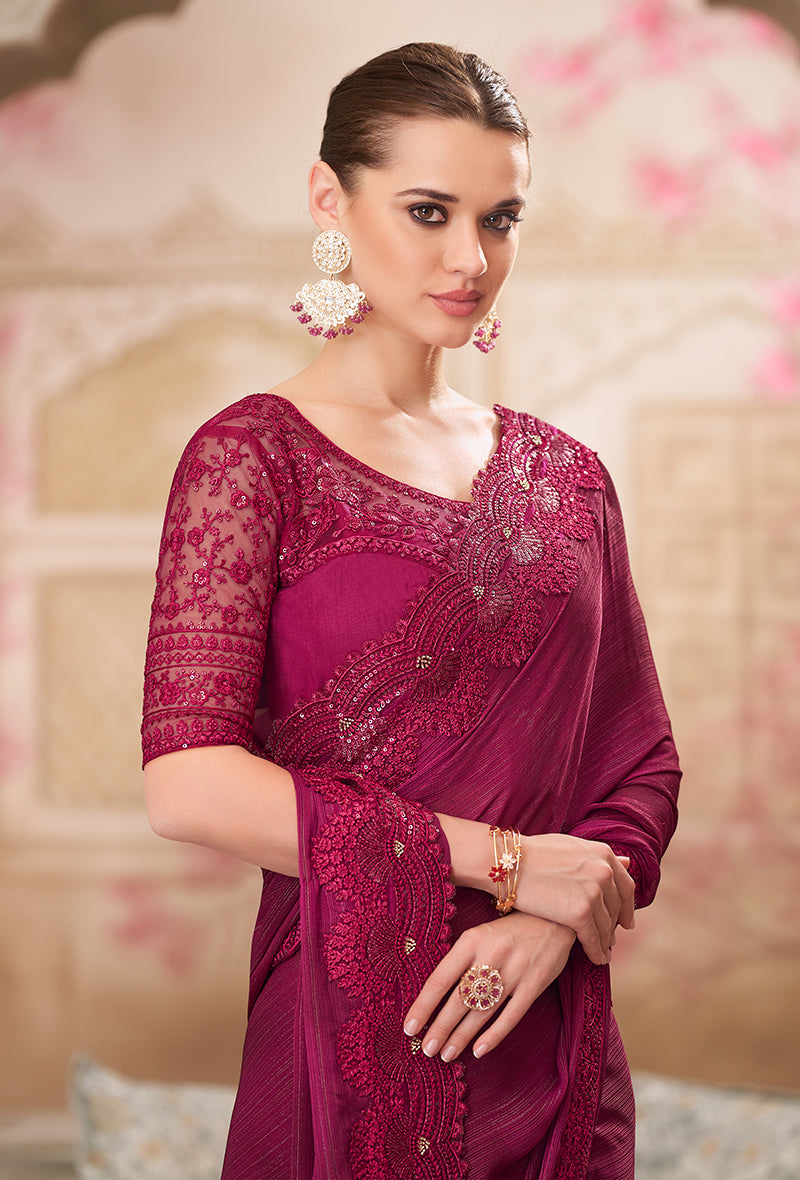Monjolika Fashion Burgundy Satin Silk Embroidered Sangeet Designer Saree | Grocsy