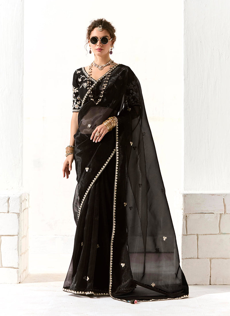 Monjolika Fashion Black Embroidered Sequins Sangeet Tissue Classic Saree | Grocsy