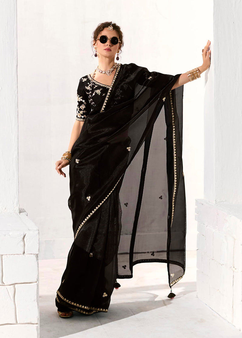 Monjolika Fashion Black Embroidered Sequins Sangeet Tissue Classic Saree | Grocsy