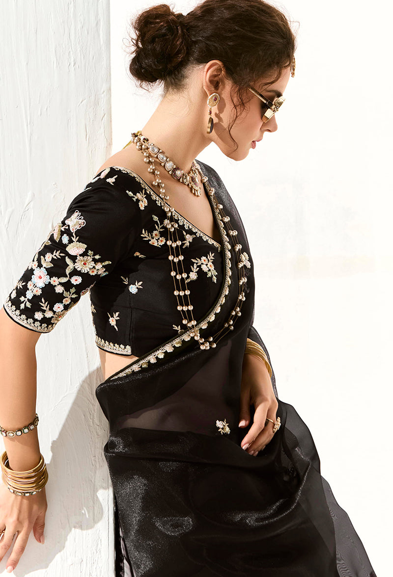Monjolika Fashion Black Embroidered Sequins Sangeet Tissue Classic Saree | Grocsy
