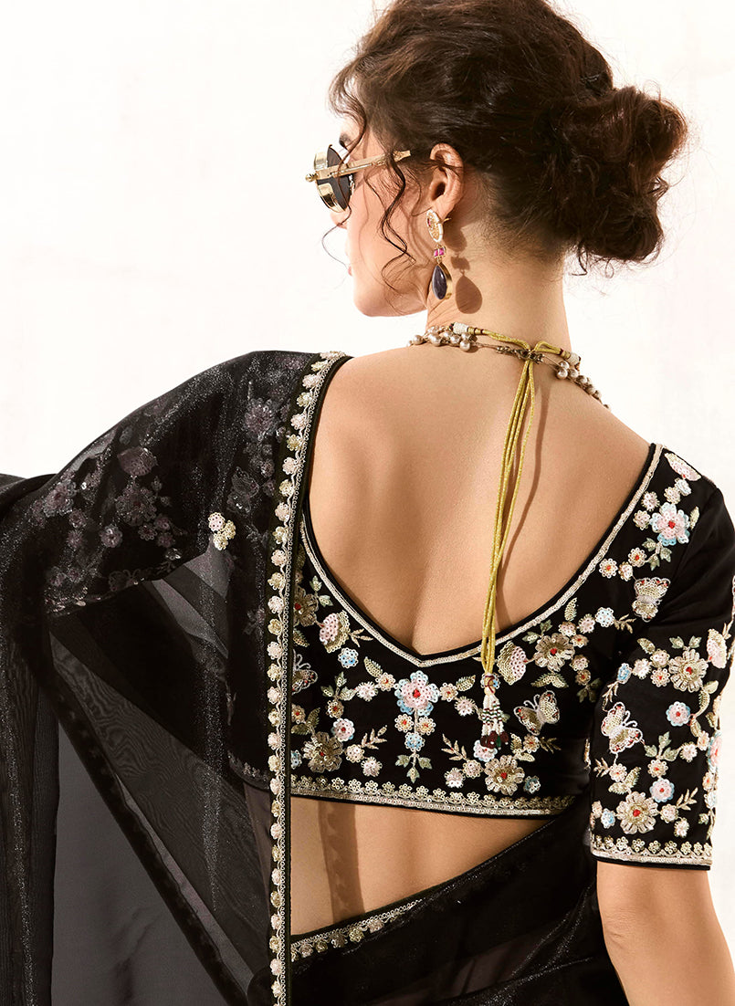Monjolika Fashion Black Embroidered Sequins Sangeet Tissue Classic Saree | Grocsy