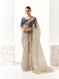 Monjolika Fashion Off White Embroidered Sequins Organza Tissue Contemporary Saree | Grocsy
