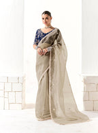 Monjolika Fashion Off White Embroidered Sequins Organza Tissue Contemporary Saree | Grocsy
