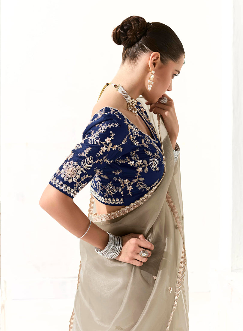 Monjolika Fashion Off White Embroidered Sequins Organza Tissue Contemporary Saree | Grocsy
