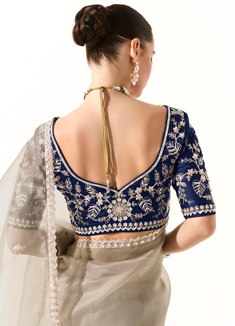 Monjolika Fashion Off White Embroidered Sequins Organza Tissue Contemporary Saree | Grocsy