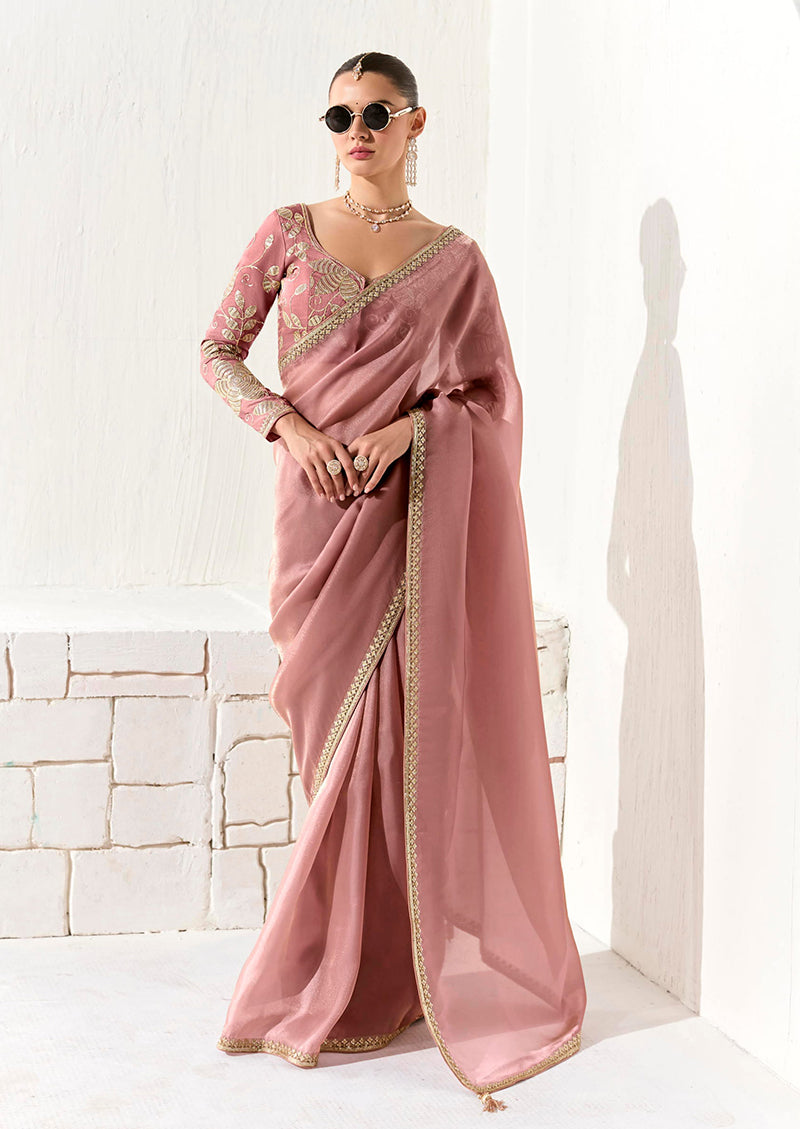 Monjolika Fashion Tissue Dusty Rose Embroidered Sequins Designer Saree | Grocsy