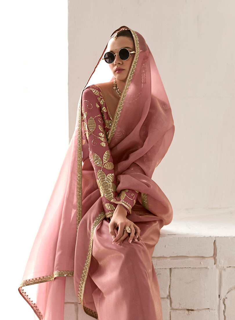 Monjolika Fashion Tissue Dusty Rose Embroidered Sequins Designer Saree | Grocsy