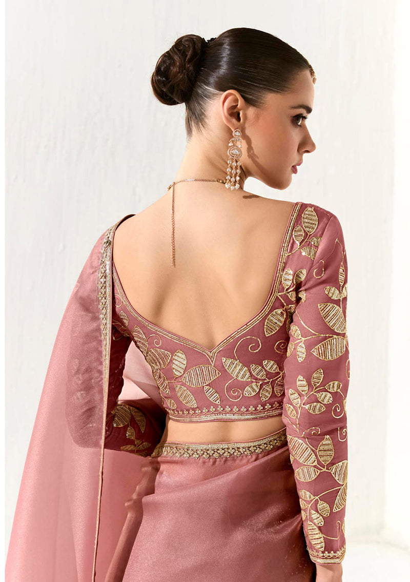 Monjolika Fashion Tissue Dusty Rose Embroidered Sequins Designer Saree | Grocsy