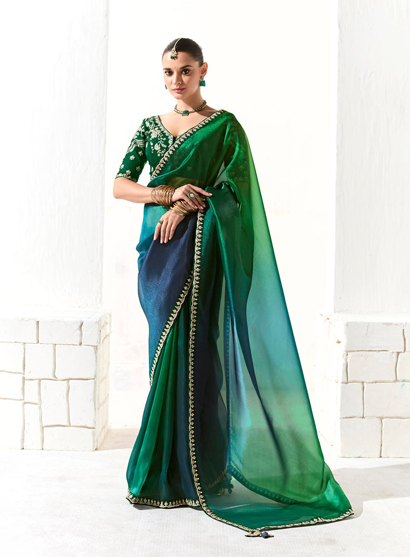 Monjolika Fashion Organza Tissue Embroidered Sequins Dark Green Traditional Saree | Grocsy