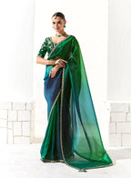Monjolika Fashion Organza Tissue Embroidered Sequins Dark Green Traditional Saree | Grocsy