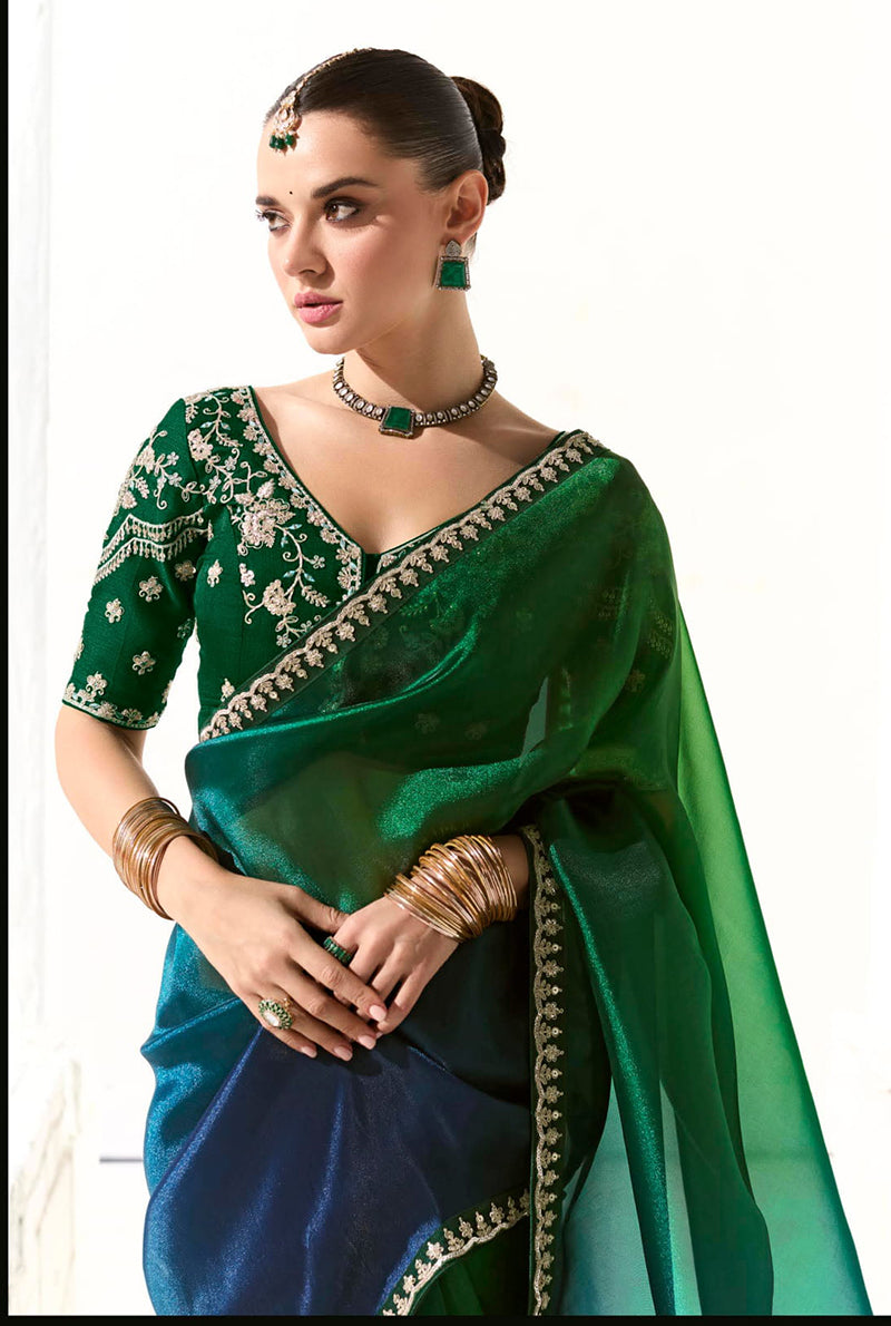 Monjolika Fashion Organza Tissue Embroidered Sequins Dark Green Traditional Saree | Grocsy