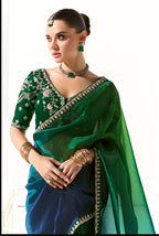 Monjolika Fashion Organza Tissue Embroidered Sequins Dark Green Traditional Saree | Grocsy