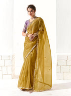 Monjolika Fashion Tissue Organza Mustard Embroidered Sequins Trendy Saree | Grocsy