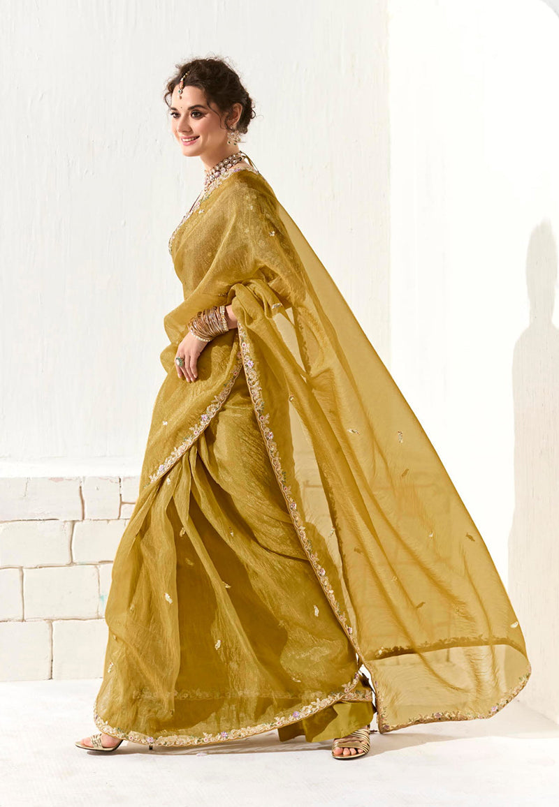 Monjolika Fashion Tissue Organza Mustard Embroidered Sequins Trendy Saree | Grocsy