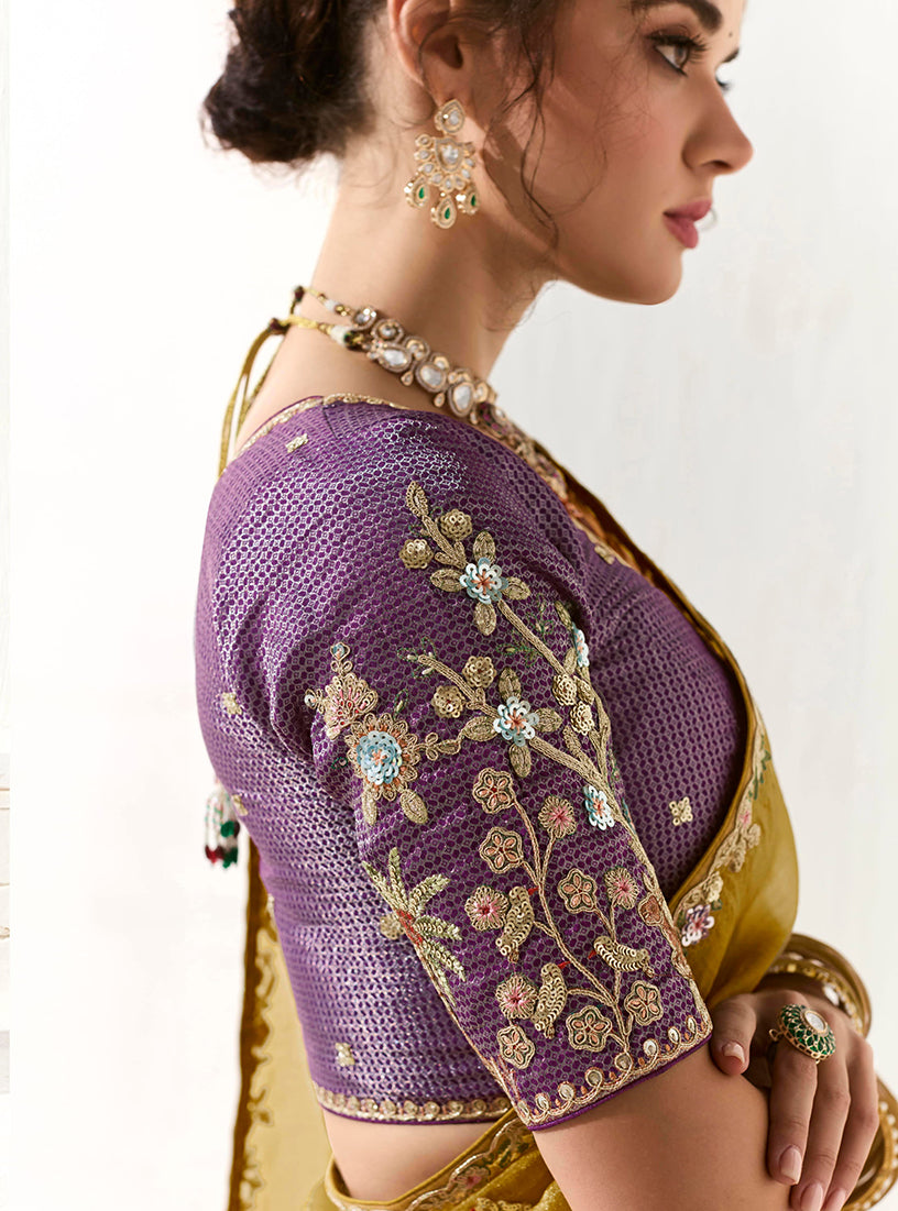 Monjolika Fashion Tissue Organza Mustard Embroidered Sequins Trendy Saree | Grocsy