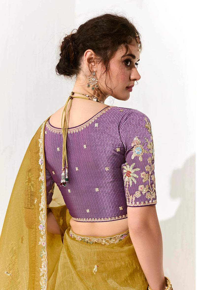 Monjolika Fashion Tissue Organza Mustard Embroidered Sequins Trendy Saree | Grocsy