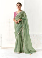 Monjolika Fashion Tissue Embroidered Sequins Classic Saree in Dark Sea Green | Grocsy