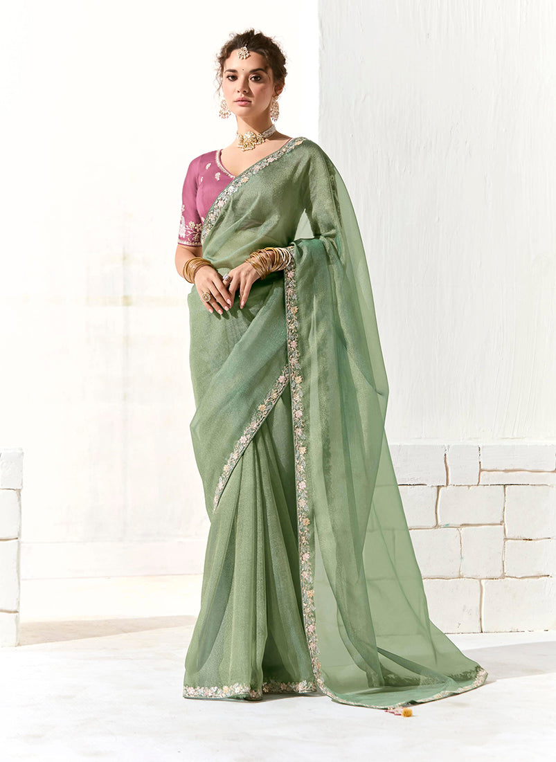 Monjolika Fashion Tissue Embroidered Sequins Classic Saree in Dark Sea Green | Grocsy