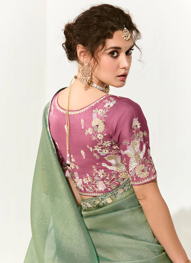 Monjolika Fashion Tissue Embroidered Sequins Classic Saree in Dark Sea Green | Grocsy